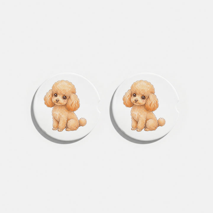 Set of two round ceramic car coasters featuring a kawaii-style illustration of a Poodle with an apricot coat.
