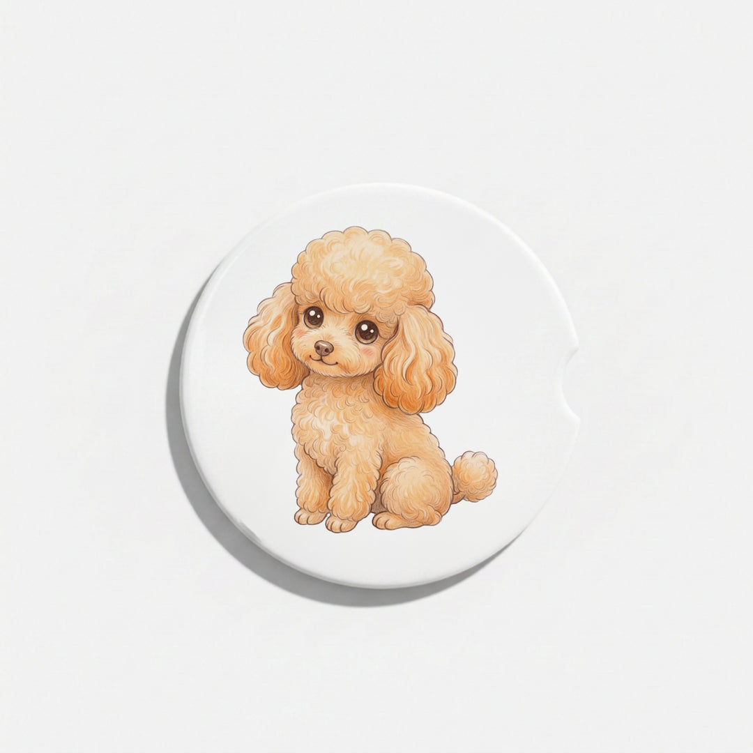 Single round ceramic car coaster featuring a kawaii-style illustration of a Poodle with an apricot coat, sold individually.