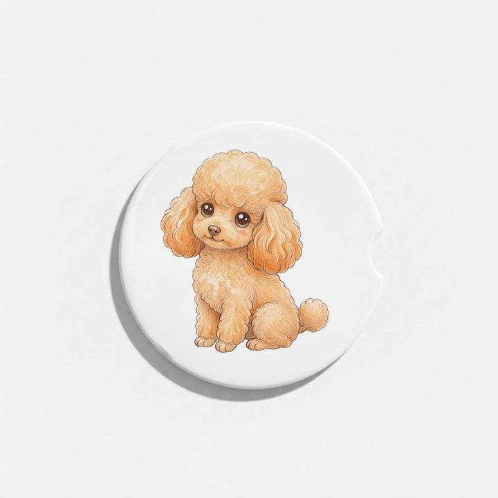 Single round ceramic car coaster featuring a kawaii-style illustration of a Poodle with an apricot coat, sold individually.