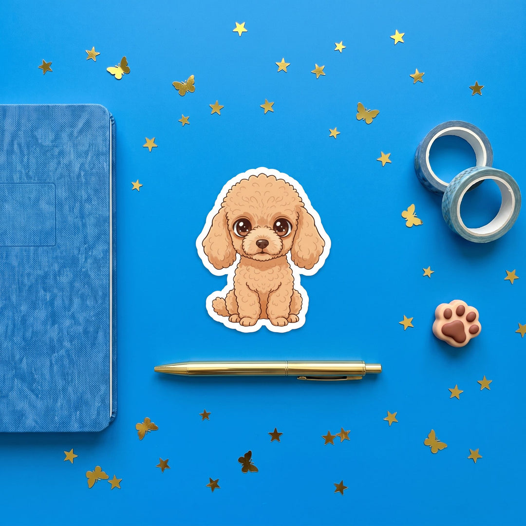 Poodle Apricot Kawaii Sticker in a blue flat lay