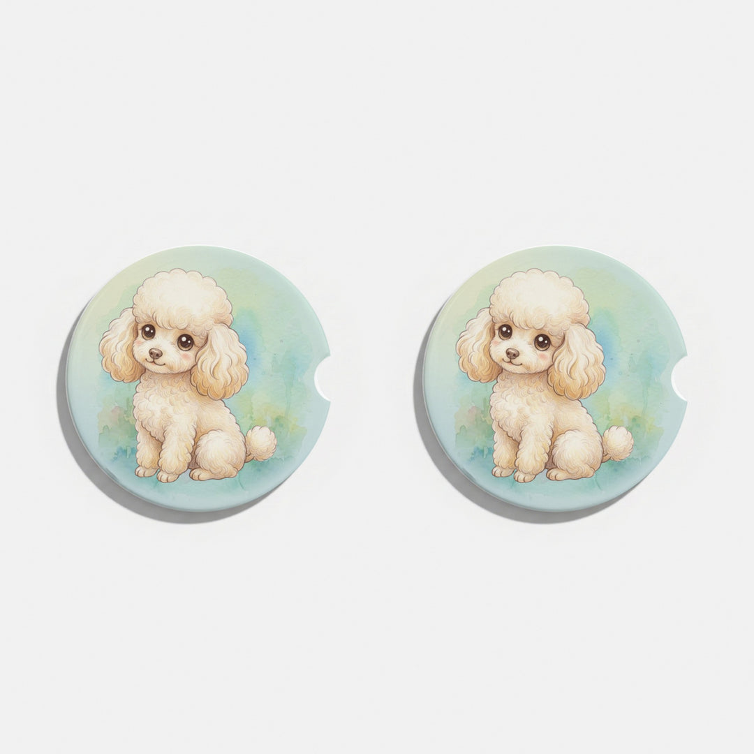 Set of two round ceramic car coasters featuring a kawaii-style illustration of a Poodle with a cream coat on a soft pastel wash.