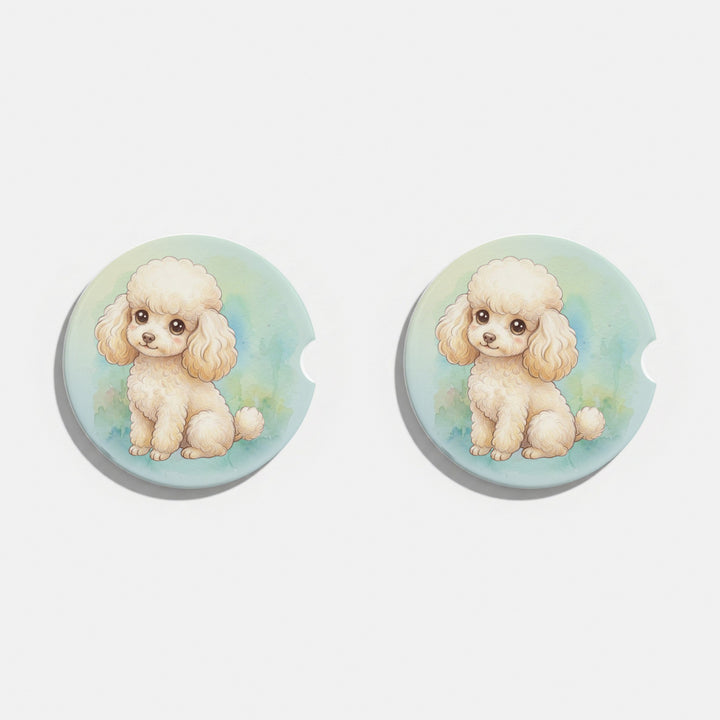 Set of two round ceramic car coasters featuring a kawaii-style illustration of a Poodle with a cream coat on a soft pastel wash.