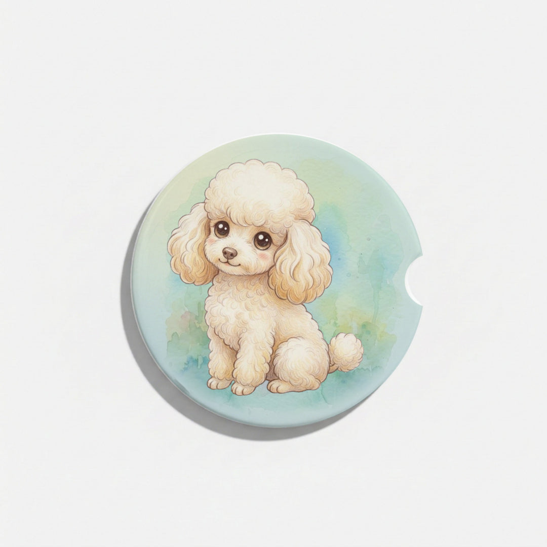 Single round ceramic car coaster featuring a kawaii-style illustration of a Poodle with a cream coat on a soft pastel wash, sold individually.