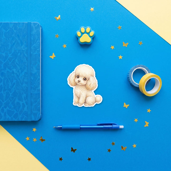 Poodle Cream kawaii 3 inch fridge magnet flat lay with blue stationery – Designs by Mysh