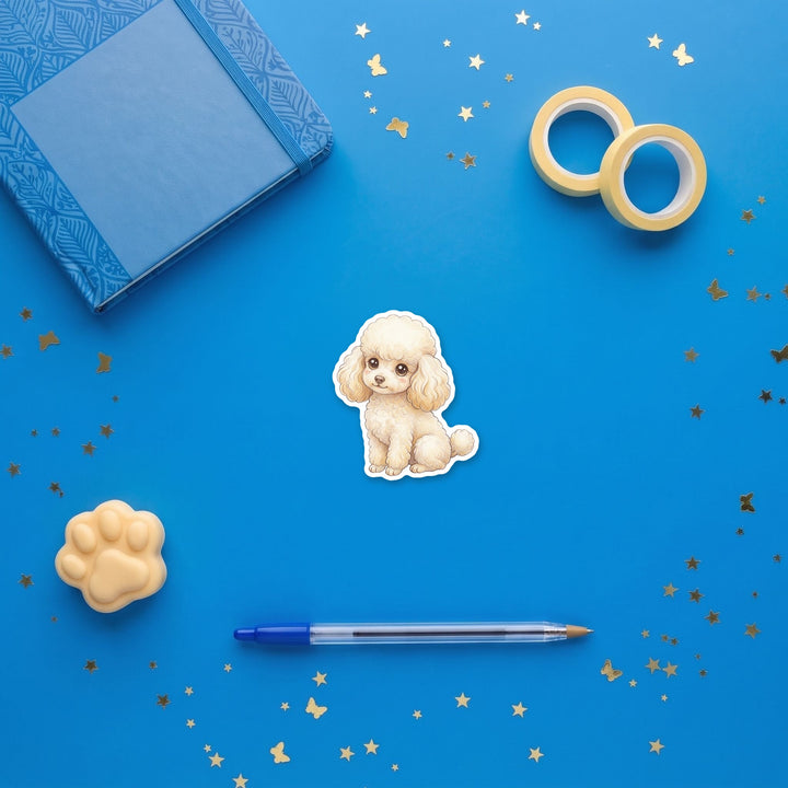 Poodle Cream kawaii 3 inch sticker flat lay with blue and yellow stationery – Designs by Mysh