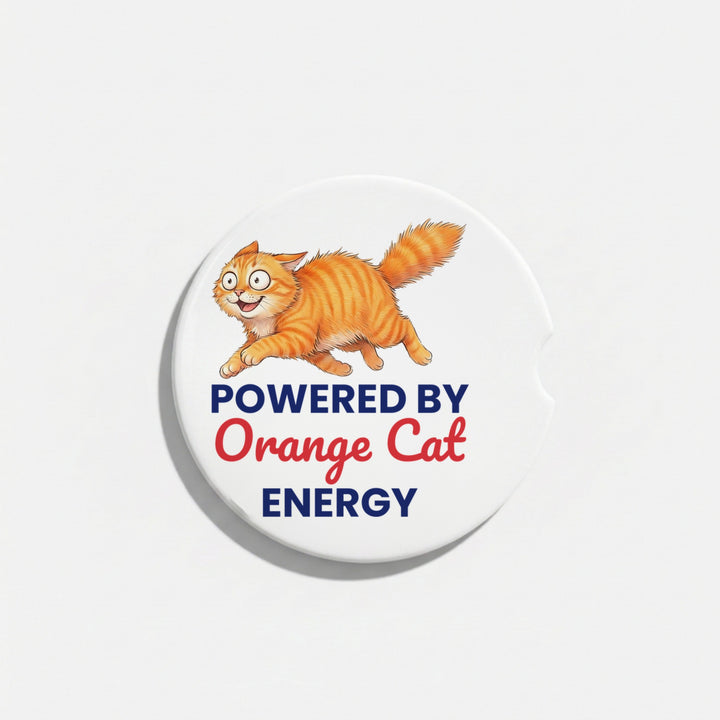 Single Powered By Orange Cat Energy ceramic car coaster with finger notch