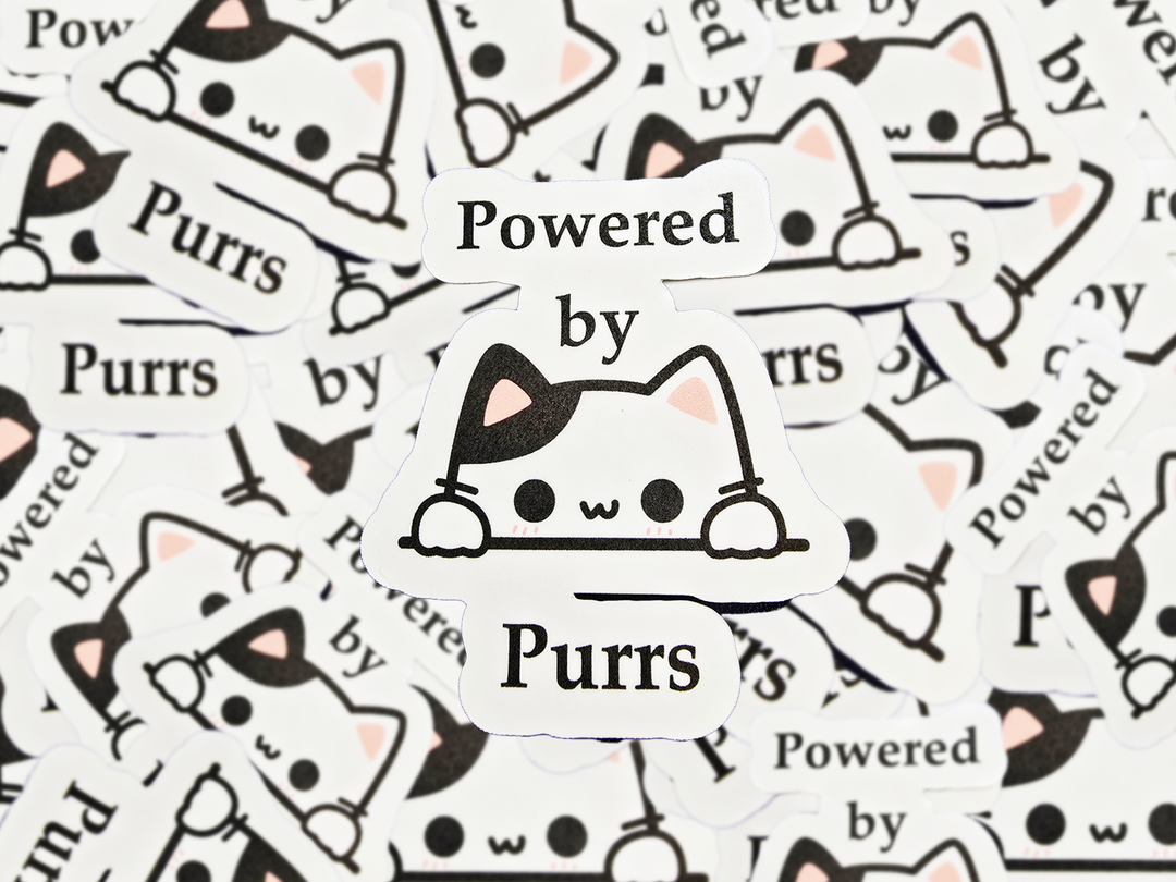 Powered by Purrs Cat Sticker, Cute Vinyl Kitty Decal, Cat Lover Gift, Kawaii Cat Sticker for Laptop, Water Bottle, or Planner - Designs by Mysh