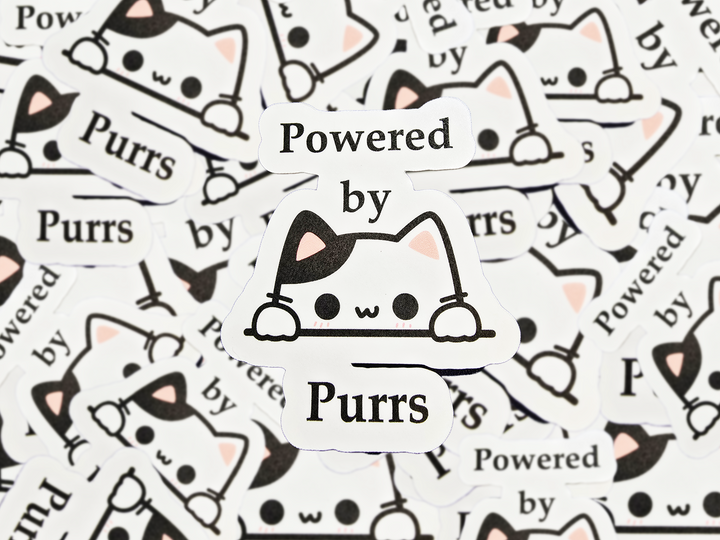 Powered by Purrs Cat Sticker, Cute Vinyl Kitty Decal, Cat Lover Gift, Kawaii Cat Sticker for Laptop, Water Bottle, or Planner - Designs by Mysh