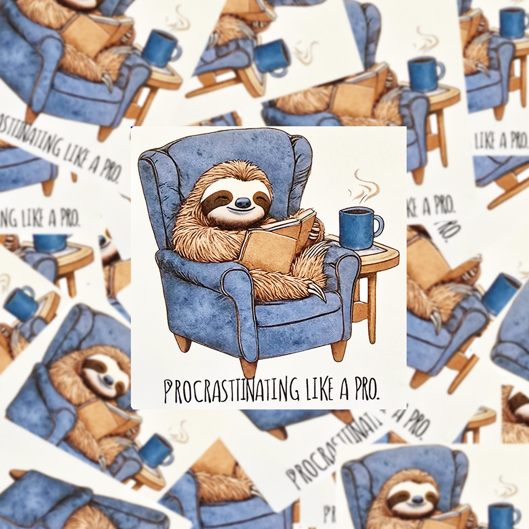 Procrastinating Like a Pro Sticker, Funny Sloth Vinyl Decal, Cozy Book Lover Gift, Lazy Day Mood for Laptop, Notebook, or Mug - Designs by Mysh