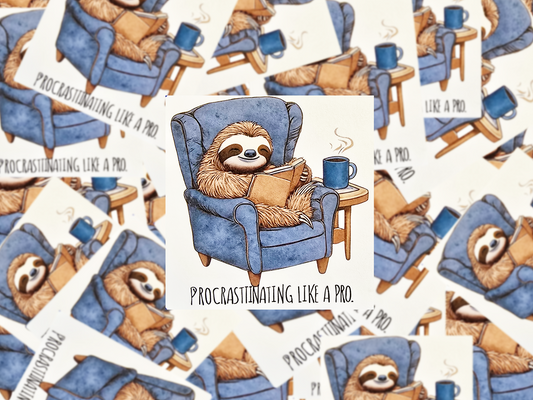 Procrastinating Like a Pro Sticker, Funny Sloth Vinyl Decal, Cozy Book Lover Gift, Lazy Day Mood for Laptop, Notebook, or Mug