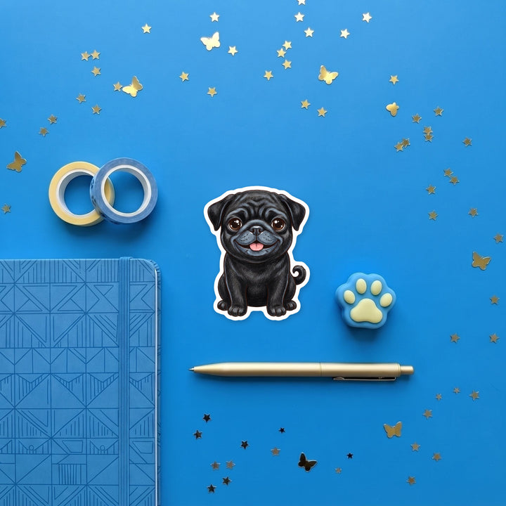 Pug Black kawaii magnet flat lay with stationery – Designs by Mysh