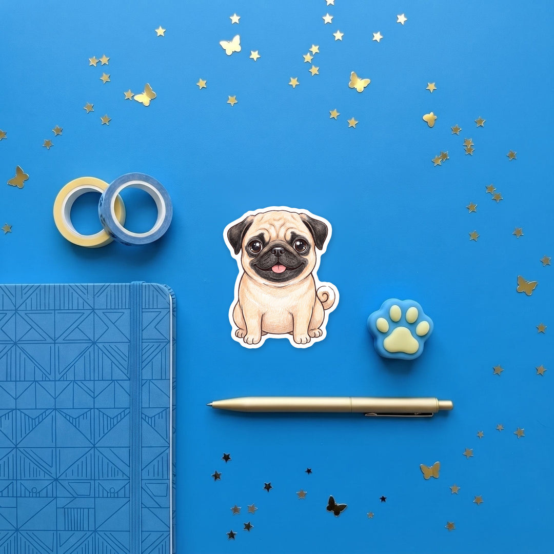 Pug Fawn kawaii magnet flat lay with stationery – Designs by Mysh