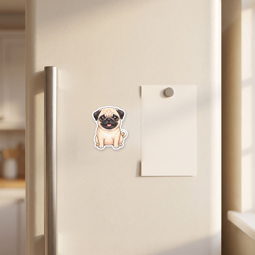 Pug Fawn kawaii magnet on a fridge – Designs by Mysh