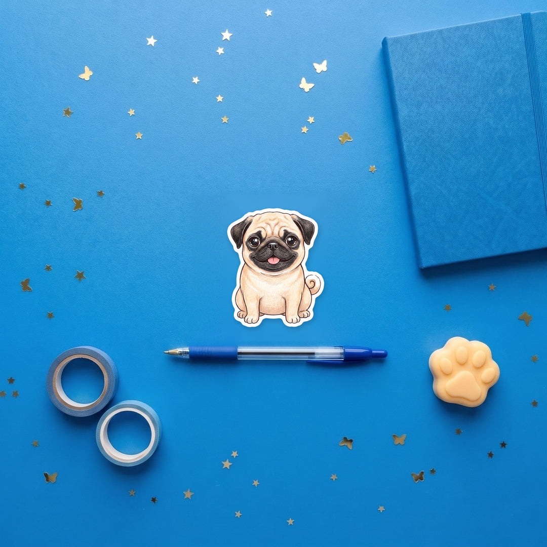 Pug Fawn kawaii sticker flat lay with stationery – Designs by Mysh