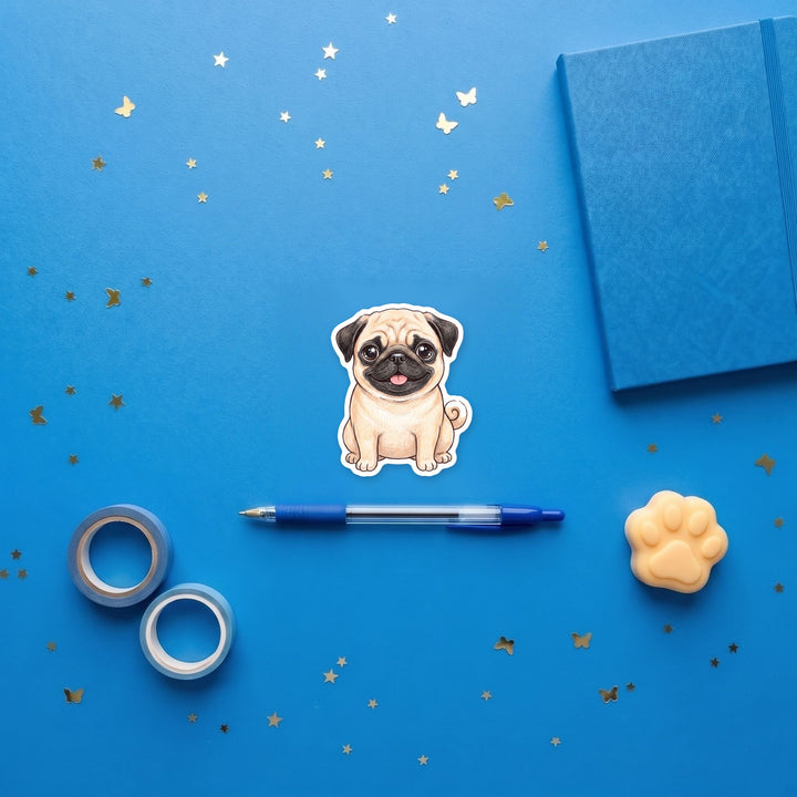 Pug Fawn kawaii sticker flat lay with stationery – Designs by Mysh