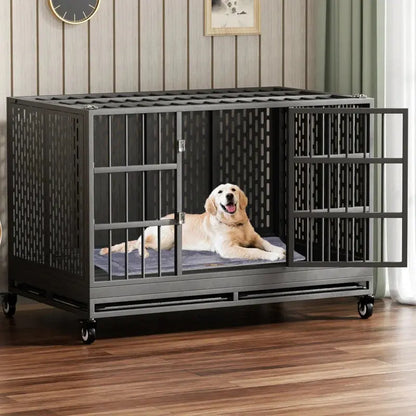 RERORD 48 Inch Heavy Duty Dog Crate with Wheels, Folding Metal Big Dog Cage Extra Large Dog Crate - Designs by Mysh