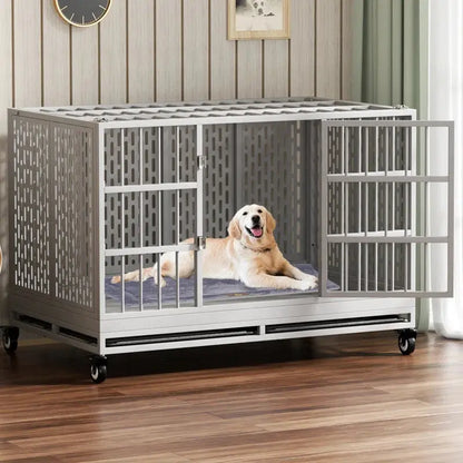 RERORD 48 Inch Heavy Duty Dog Crate with Wheels, Folding Metal Big Dog Cage Extra Large Dog Crate - Designs by Mysh