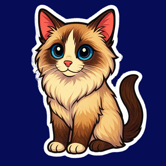 Cartoon cat with blue eyes and a brown and beige coat on a white background