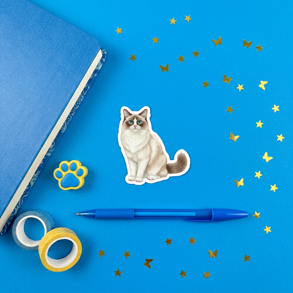 Ragdoll Seal Bicolor Sticker brand flat lay - Designs by Mysh