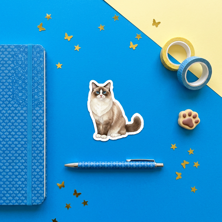 Ragdoll Seal Mitted Sticker brand flat lay - Designs by Mysh
