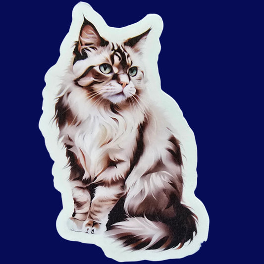 Sticker of a Ragmuffin cat lying down on a blue textured background