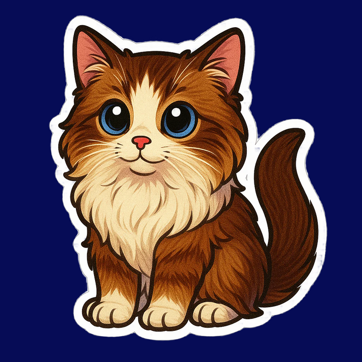 Cartoon cat with blue eyes and brown and orange fur on a white background