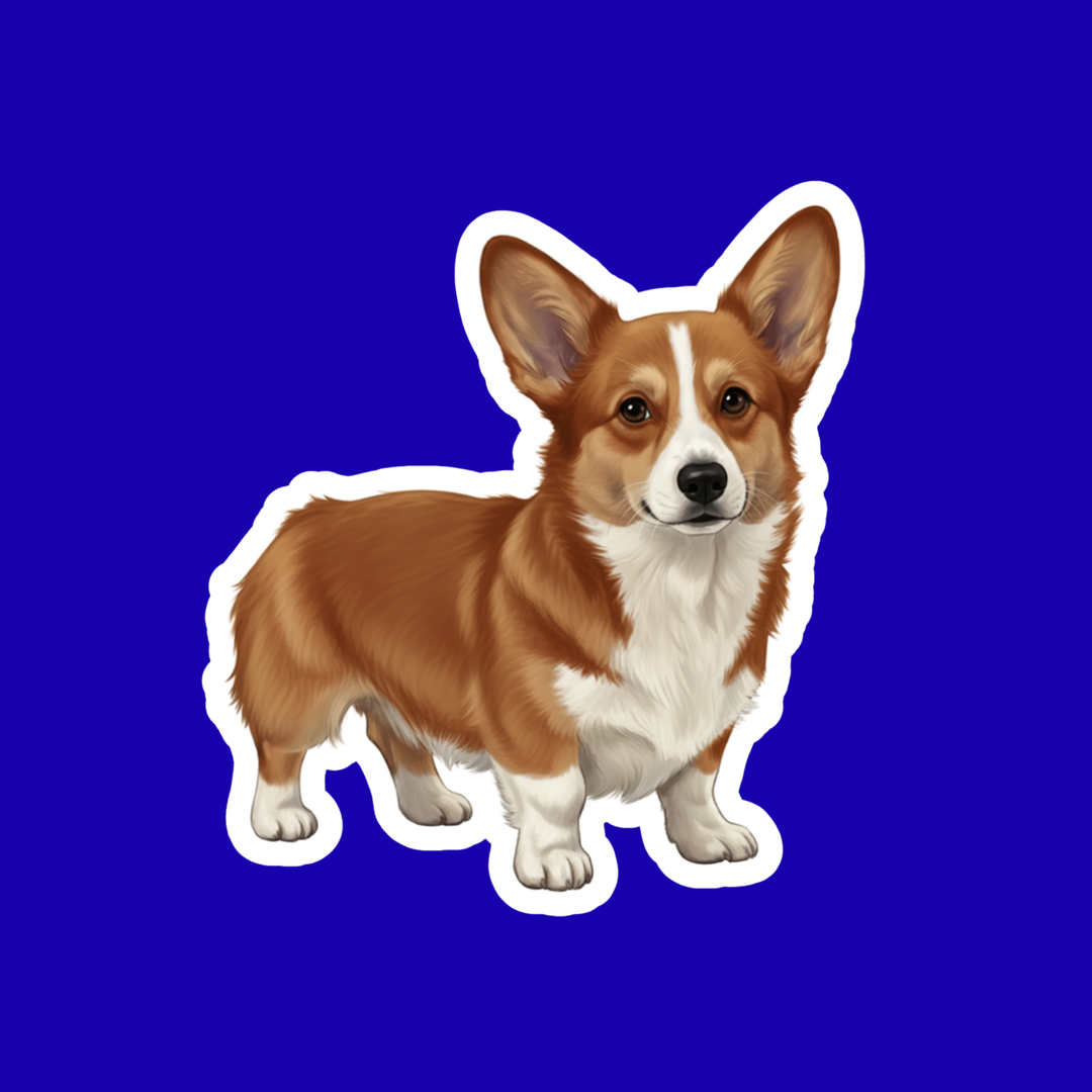 Sticker of a brown and white dog on a blue background