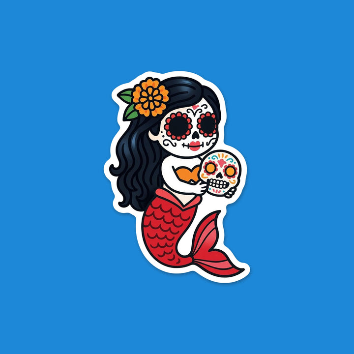 Sugar skull mermaid with black hair and a red tail holding a sugar skull Día de los Muertos vinyl sticker – Designs by Mysh