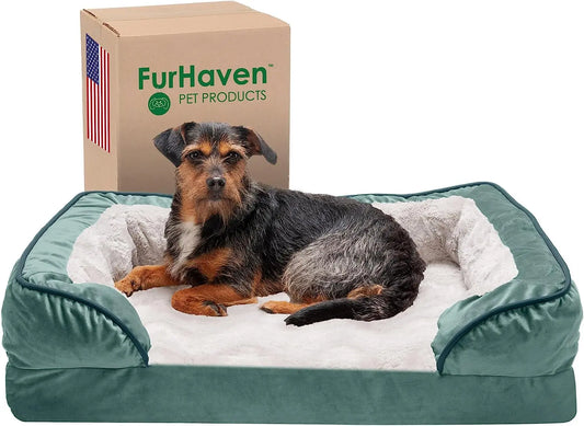 Memory Foam Dog Bed for Medium/Small Dogs W/ Removable Bolsters & Washable Cover, for Dogs up to 35 Lbs - Plush & Velvet Waves Perfect Comfort Sofa - Celadon Green, Medium - Designs by Mysh