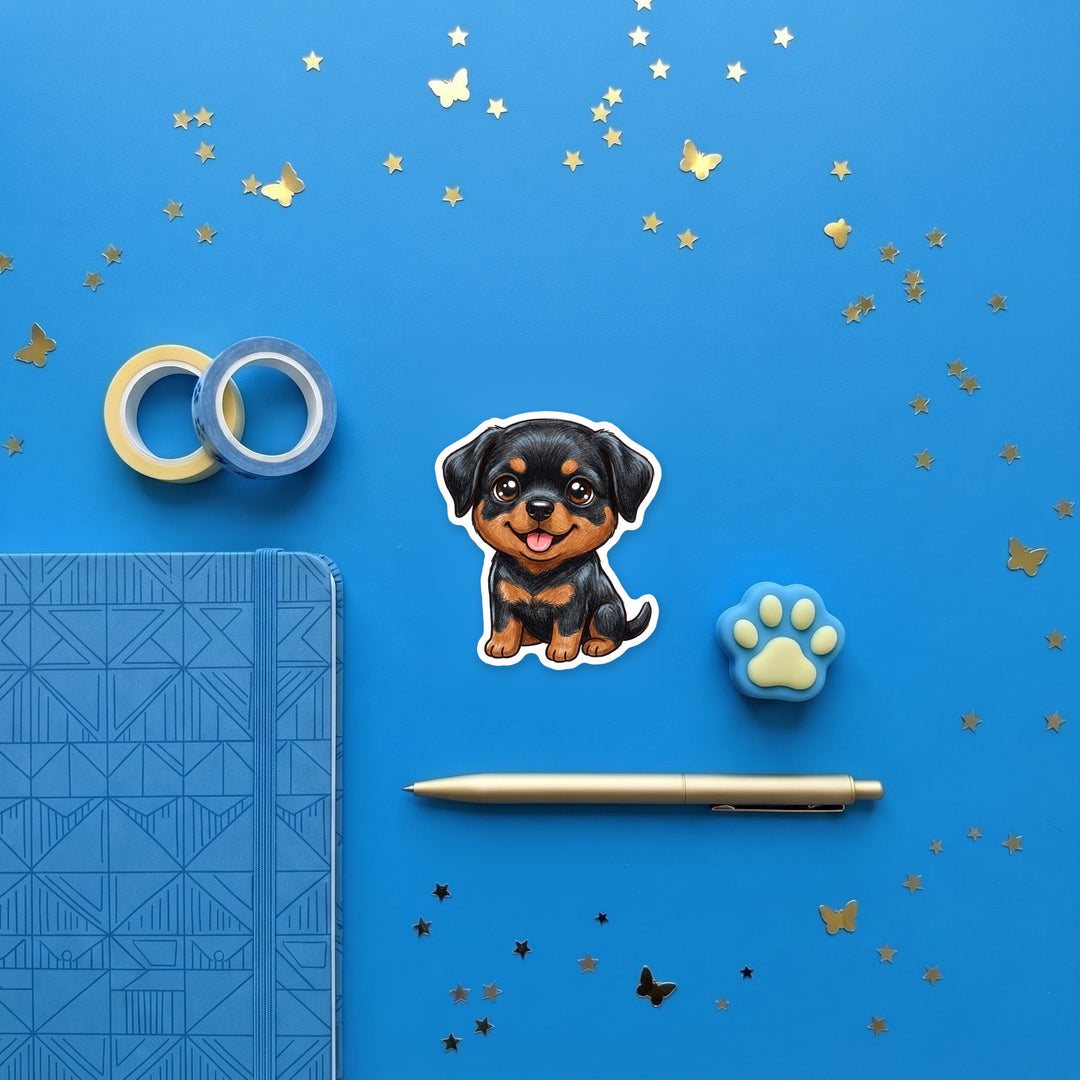 Rottweiler Black &amp; Rust kawaii magnet flat lay with stationery – Designs by Mysh
