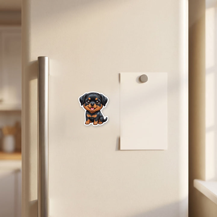 Rottweiler Black &amp; Rust kawaii magnet on a fridge – Designs by Mysh