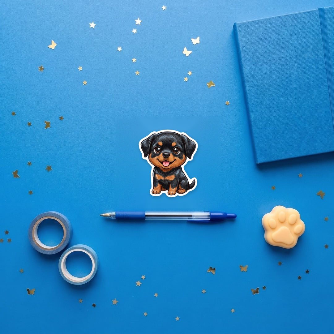 Rottweiler Black &amp; Rust kawaii sticker flat lay with stationery – Designs by Mysh