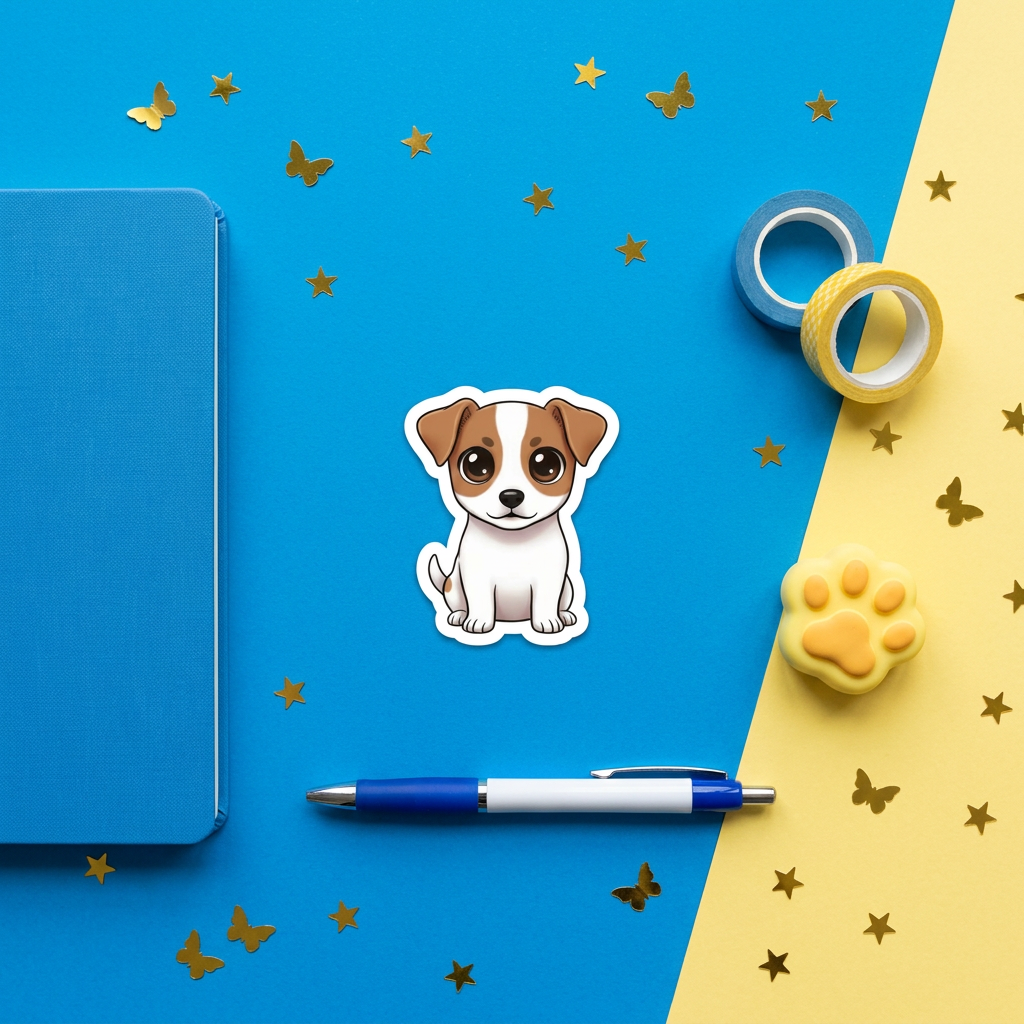 Russell Terrier Kawaii Sticker in a blue flat lay