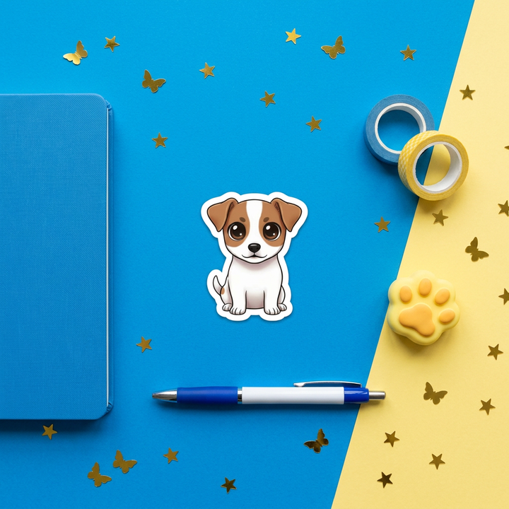 Russell Terrier Kawaii Sticker in a blue flat lay