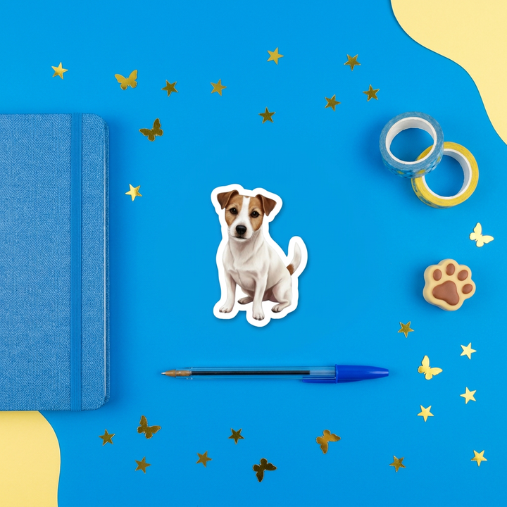Russell Terrier Watercolor Sticker in a blue flat lay