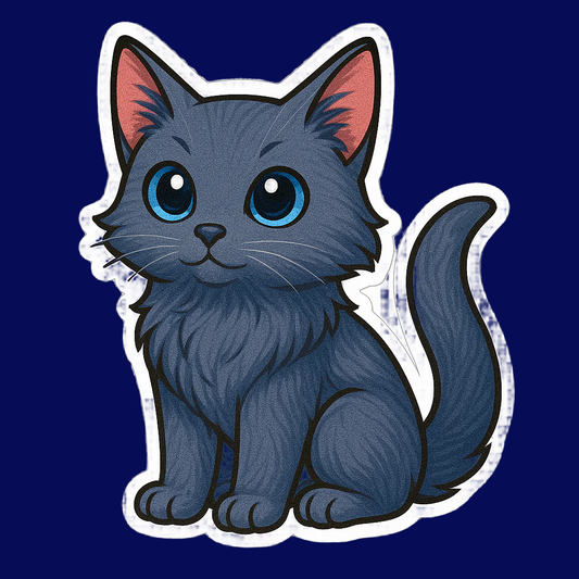 Illustration of a blue cat with large blue eyes on a white background