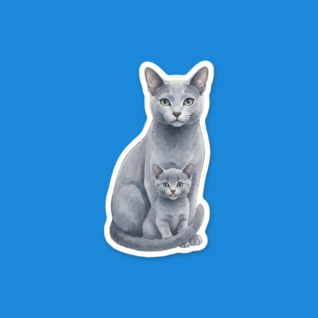 Russian Blue mama cat with her kitten sitting in front of her watercolor flexible fridge magnet – Designs by Mysh