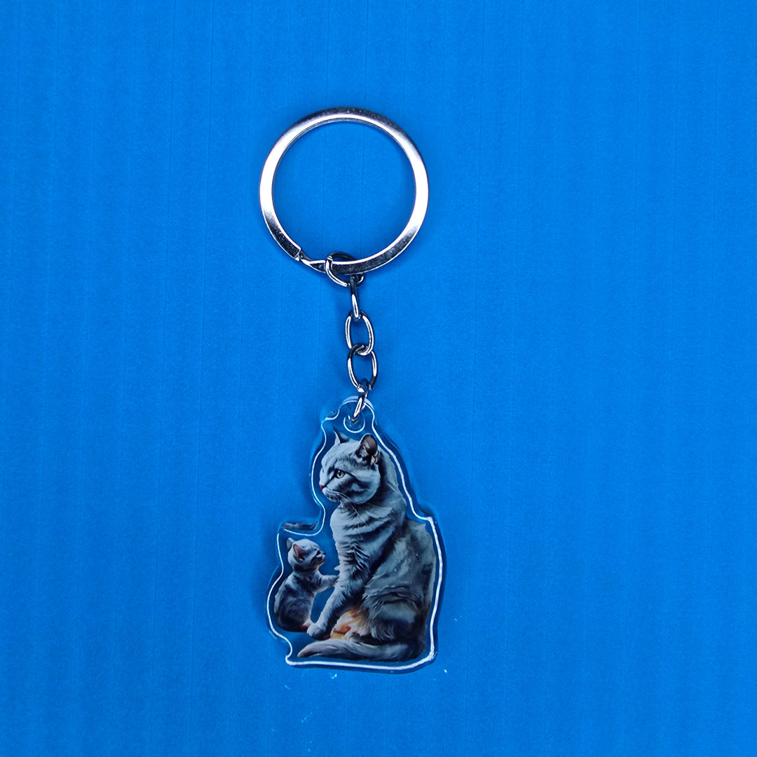 Russian Blue Cat and Kitten Keychain, Acrylic Cat Mom Charm, Gray Cat Lover Gift, Pet Key Ring - Designs by Mysh