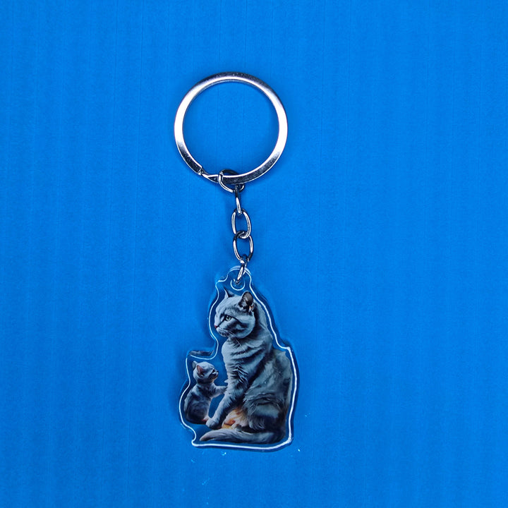 Russian Blue Cat and Kitten Keychain, Acrylic Cat Mom Charm, Gray Cat Lover Gift, Pet Key Ring - Designs by Mysh