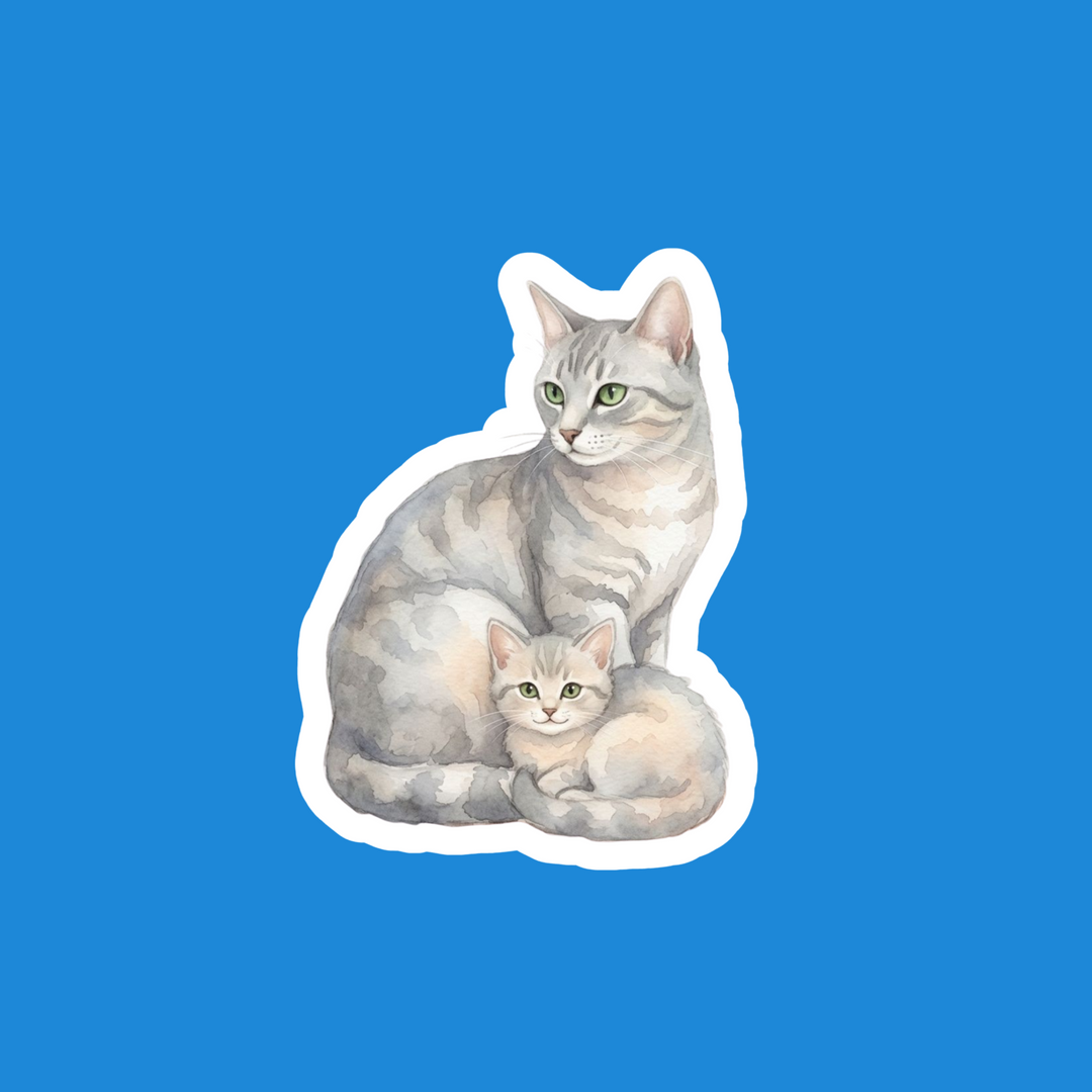 Russian Blue Cat and Kitten Watercolor
