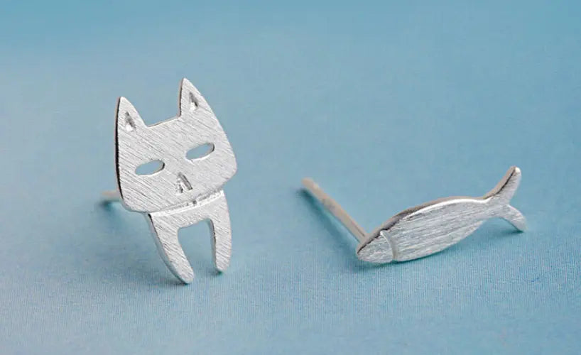 S925 Sterling Silver Fashion Detachable Cat Fish Pin Stud earrings - Designs by Mysh