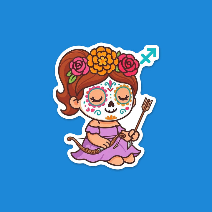 Kawaii Sagittarius zodiac sugar skull girl with a flower crown and the Sagittarius symbol Día de los Muertos vinyl sticker – Designs by Mysh
