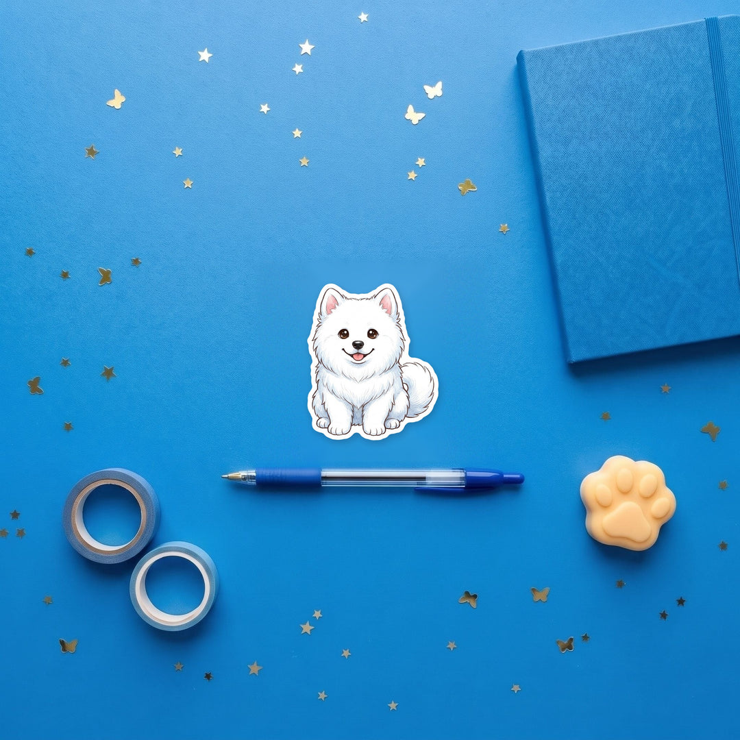 Samoyed White kawaii sticker flat lay with stationery – Designs by Mysh