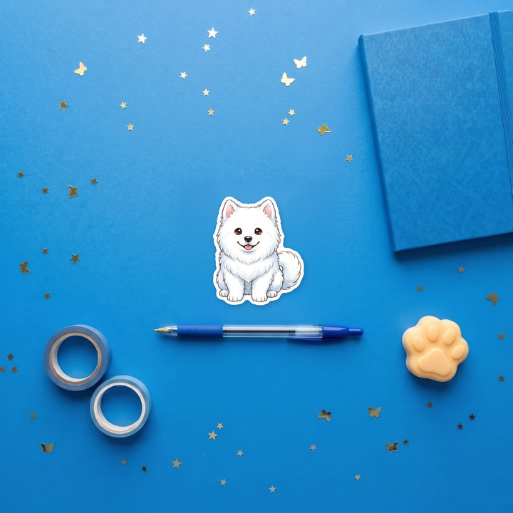 Samoyed White kawaii sticker flat lay with stationery – Designs by Mysh