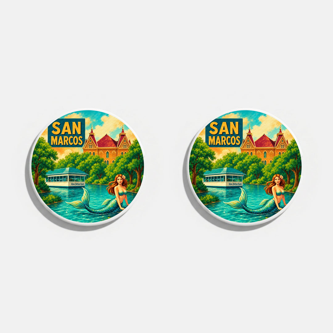 Set of two round ceramic car coasters with a retro San Marcos, Texas travel poster design – Designs by Mysh