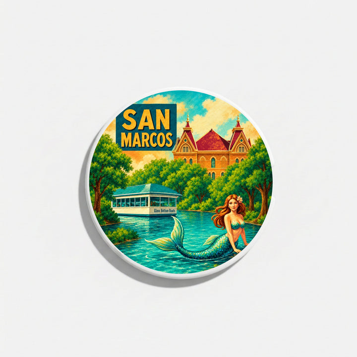 Single retro San Marcos, Texas ceramic car coaster with Old Main and a mermaid – Designs by Mysh