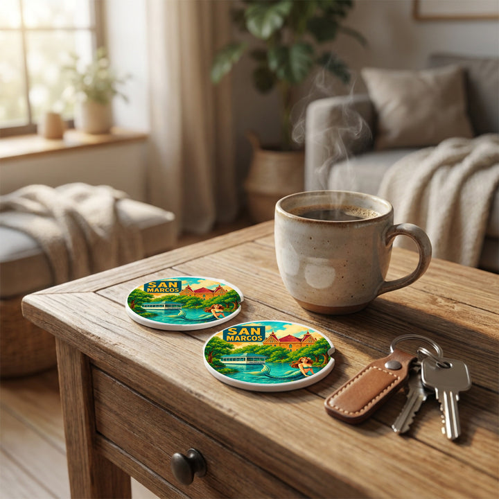 Retro San Marcos, Texas car coasters on a wooden side table beside a coffee mug and keys – Designs by Mysh