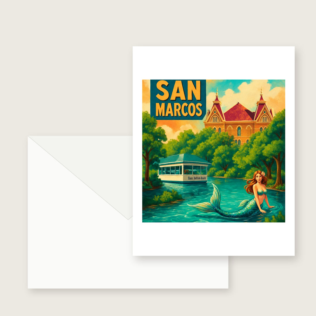 Retro San Marcos Texas greeting card with Old Main, a glass bottom boat and a mermaid in the river, shown with a white envelope
