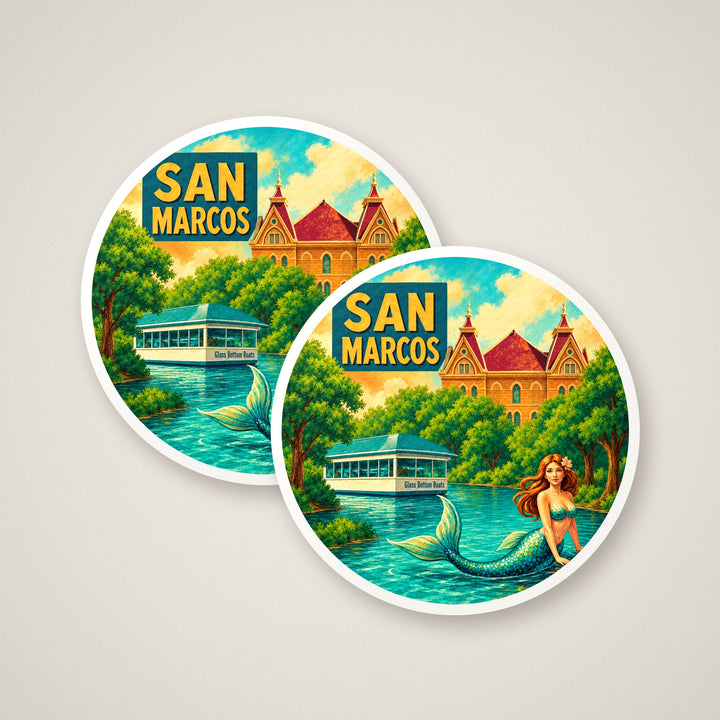 Set of two retro San Marcos, Texas round coasters – Designs by Mysh