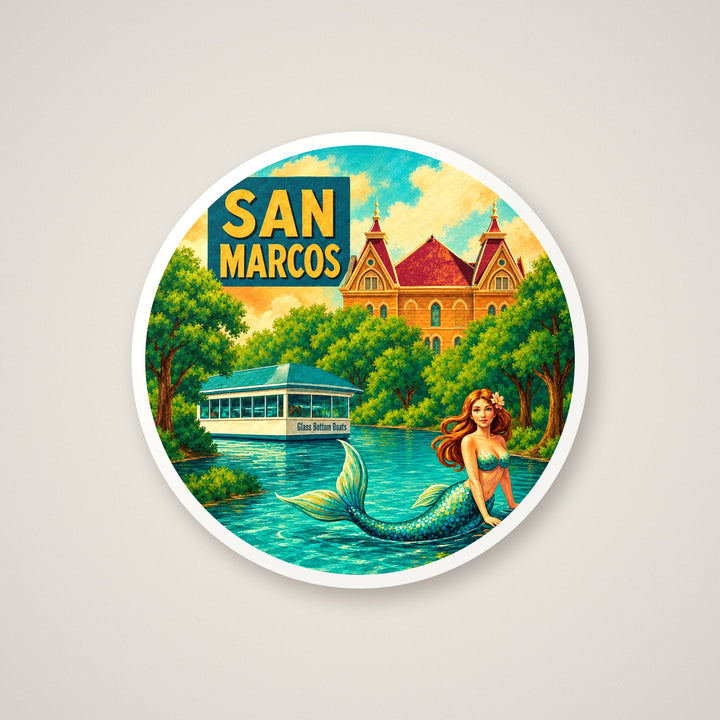 Round coaster with a retro San Marcos, Texas travel poster design – Designs by Mysh